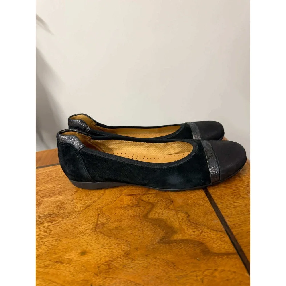 Gabor 7 Hovercraft Black Suede Cap Toe Ballet Flats Metallic Accent‎ 47.600.17